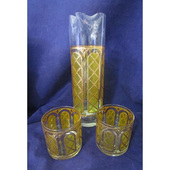 Mid Century Cocktail Martini Drinks Pitcher Set Stained Glass Yellow Gold EUC - Picture 3 of 16